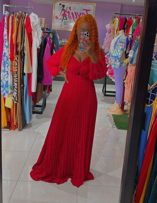 red pleated maxi